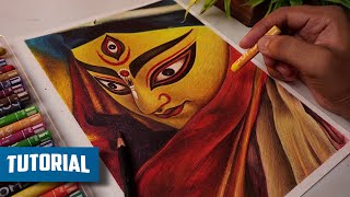 Maa Durga Drawing,  Durga Mata Drawing With Oil Pastel,  Tutorial 😍