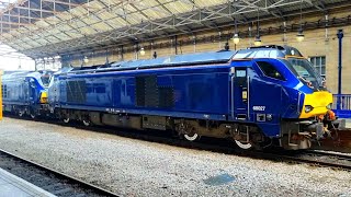 3 spotless Class 68s in all-over blue livery at Huddersfield on 24/05/24