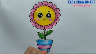 how to draw cute flower pot coloring page | easy kawaii flower pot drawing