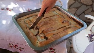 Kefalonian meat pie with tzatziki and greek salad