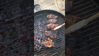 bbqing like a madman on the weber 22" charcoal grill steaks, chicken