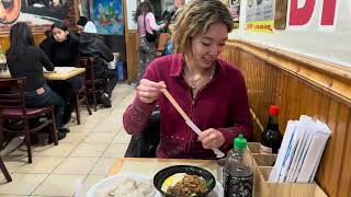 Eating dumplings at Super Taste in Chinatown , New York City with Catie and Dima