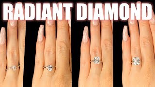 Radiant Shaped Diamond Size Comparison on Hand Finger Engagement Ring Cut .75 Carat 2 ct 1 3 4 1.5