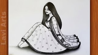 How to draw beautiful girl sitting in lehenga | Easy drawing for beginners | Girl Drawing