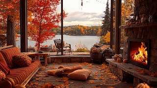 Relaxing Lakeside Cottage 🍂 Sunny Day with Melodious Piano, Warm Fire, & Rustling Leaves