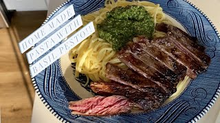 Home Made Spaghetti Noodles/Basil Pesto/ Skirt Steak? Its what's for dinner!!