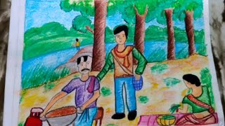 Class 4 drawing Village side picnic spot drawing #childrendrawing #class4 #drawing