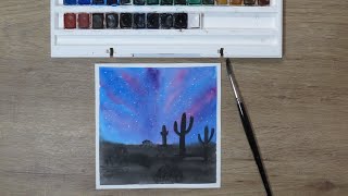 Tutorial de pintura deserto com noite estrelada em aquarela fácil