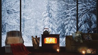 Winter Ambience | Cozy Cabin in Winter Forest Ambience & Teddy Bear | Crackling Fireplace