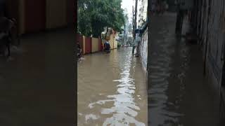 road flooded by rain water