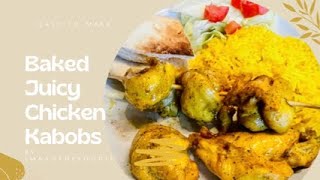 Baked Juicy Tender Chicken Kabobs, yellow rice, Red, and White Sauce in a minute