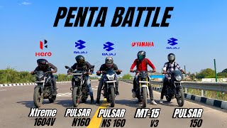 2024 pulsar ns 160 vs pulsar n160 vs Xtreme 160r 4v vs mt-15 vs pulsar 150 | penta battle 😱