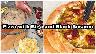 Homemade pizza with black sesame and 40% Biga without mixer or kneading machine../ PizzaChefArgy