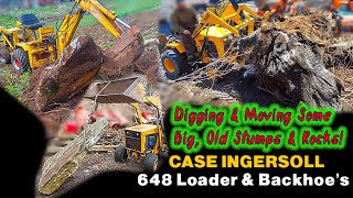 Case Ingersoll 648 Mini Commercial Loader & Backhoe's Digging Big Stumps  & Rocks. Getting It Done!