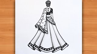 Girl drawing for beginners/ How to draw a girl easy step-by-step / Girl wearing lehenga drawing