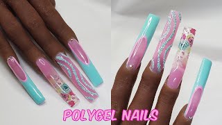 Polygel Nails | Flower Transfer Foil French Tip Nails