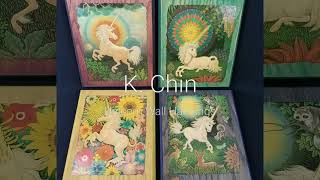 SOLD - 4 K. Chin Colorful Unicorn Art Work Decoupaged Wooden Wall Hangings 10" x 12"