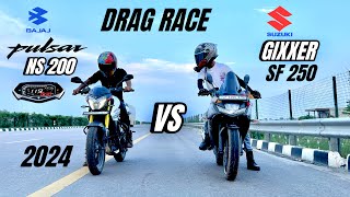 bajaj pulsar ns 200 2024 vs suzuki Gixxer sf 250 | drag race | insane battle 😱