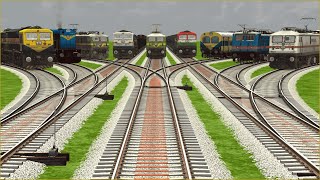 NINE TRAINS RAIL CROSSING ON RISKY TREE BRANCHED CURVED RAILROAD TRACKS | Train videos | trains