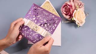 Eggplant Purple Laser Cut Wedding Invitation With Gold Glittery Liners PWIL055-Pro Wedding Invites