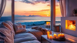 Seaside Retreat Ambience in Luxury Villa 4K with Cozy Fireplace. Jazz Lounge Music for Best Nights