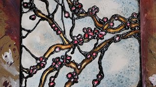 How to Paint WATERCOLOR Stained Glass CHERRY BLOSSOMS with PUFFY PAINT TEXTURE