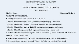 Class 9 Maths Final Exam Question Paper (2022 - 2023)