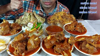 spicy mutton dum biryani chicken yakni pulao mutton masala curry fried eggs salad eating show