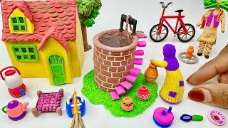 DIY How to make polymer clay miniature house,kitchen set, doll, water well, cycle | village house