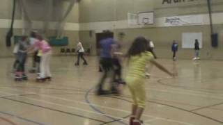 Kids backwards rollerskating at arun skating club