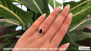 Vintage Halo Pear Black Spinel Bridal Set Crown Black White Diamond Band