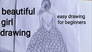 Girl with a beautiful frock sketch/back side beautiful girl sketch||girl sketch