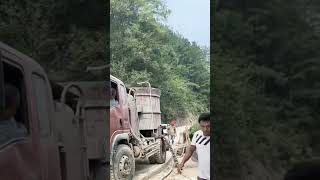 Small concrete mixer truck is unloading