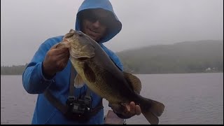 Rainy cold day on a tiny Vermont pond gives up a big bass.