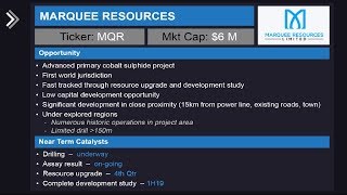 Marquee Resources Ltd (ASX:MQR) Developing High Grade Cobalt Sulphide in Canada