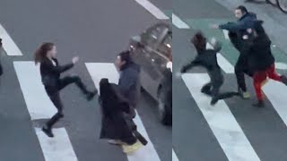 Mass Fight in Street, Girl Flying Sparta Kicks Man