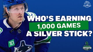 Which current #Canucks will join Tyler Myers with 1,000 NHL game played?