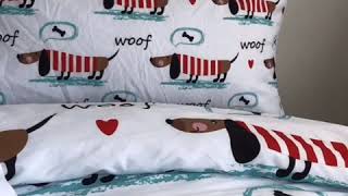 Red and white Cartoon Pet Dog Dachshund Bedding Set~