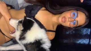 Blue eyes beautiful girl play with dog livestream vlog #074