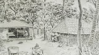 Draw : View of A Indian Village Vastu Bari || Village House Scenery Drawing