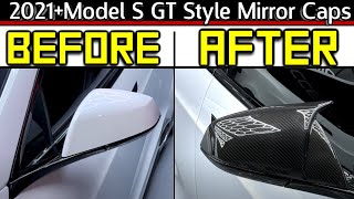 2021+ | Model S GT Style Side View Mirror Cap Overlays 1 Pair   Real Dry Molded Carbon Fiber