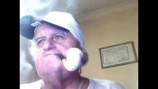 Smoking my White Meerschaum, Curved Pipe Tobaccos, with White Dark Blue Hat; White T-Shirt