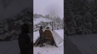 Camping in Snow Storm with Wood Stove Tent #Shorts #CampingSnow #camping #SnowCamping #snow