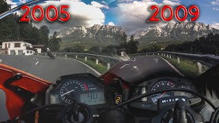 Riding Honda CBRs on winding mountain road