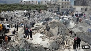 Drone footage shows massive levels of destruction in the village of Besnaya in Idlib province Turkey