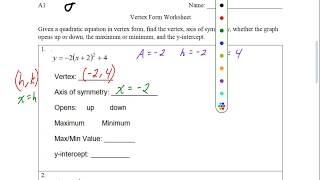 A1 - Vertex Form Worksheet KEY