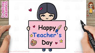 How to Draw a Cute Girl Holding Teacher's Day Card - Drawing and Coloring for Kids, Part-2