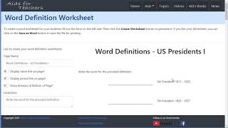 Aids for Teachers - Fill In the Blank Definition Worksheet