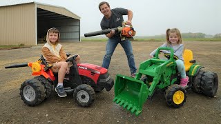 Playing in hay with leaf blowers on kids tractors | Tractors for kids