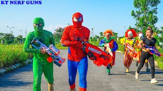 KT Nerf Guns: Spider Man X Warriors Nerf Guns Fight Crime Group Help Patrol Team Chase the Escapes